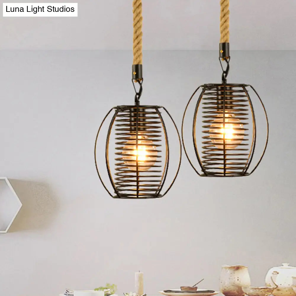 Vintage Style Metal and Rope Pendant Light with Black Wire Cage and Cylinder/Square Shade