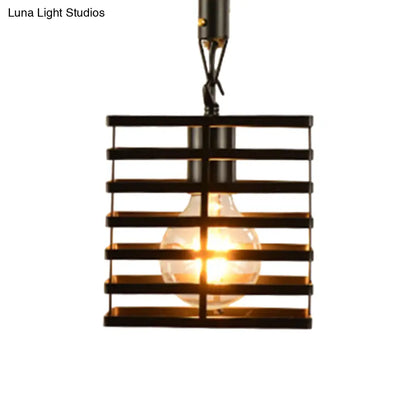 Vintage Style Metal and Rope Pendant Light with Black Wire Cage and Cylinder/Square Shade