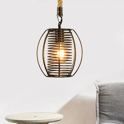 Vintage Style Metal and Rope Pendant Light with Black Wire Cage and Cylinder/Square Shade