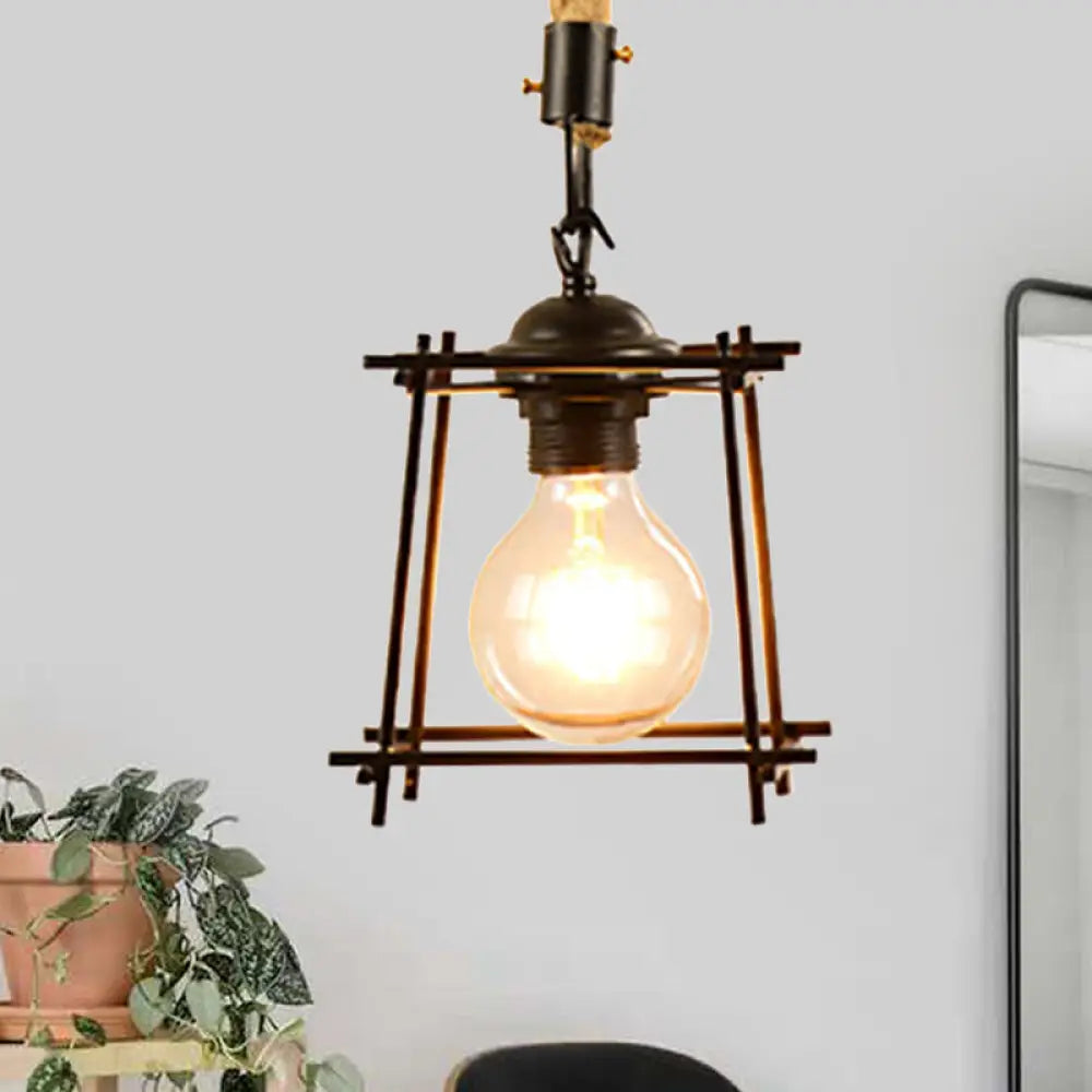 Vintage Style Metal and Rope Pendant Light with Black Wire Cage and Cylinder/Square Shade