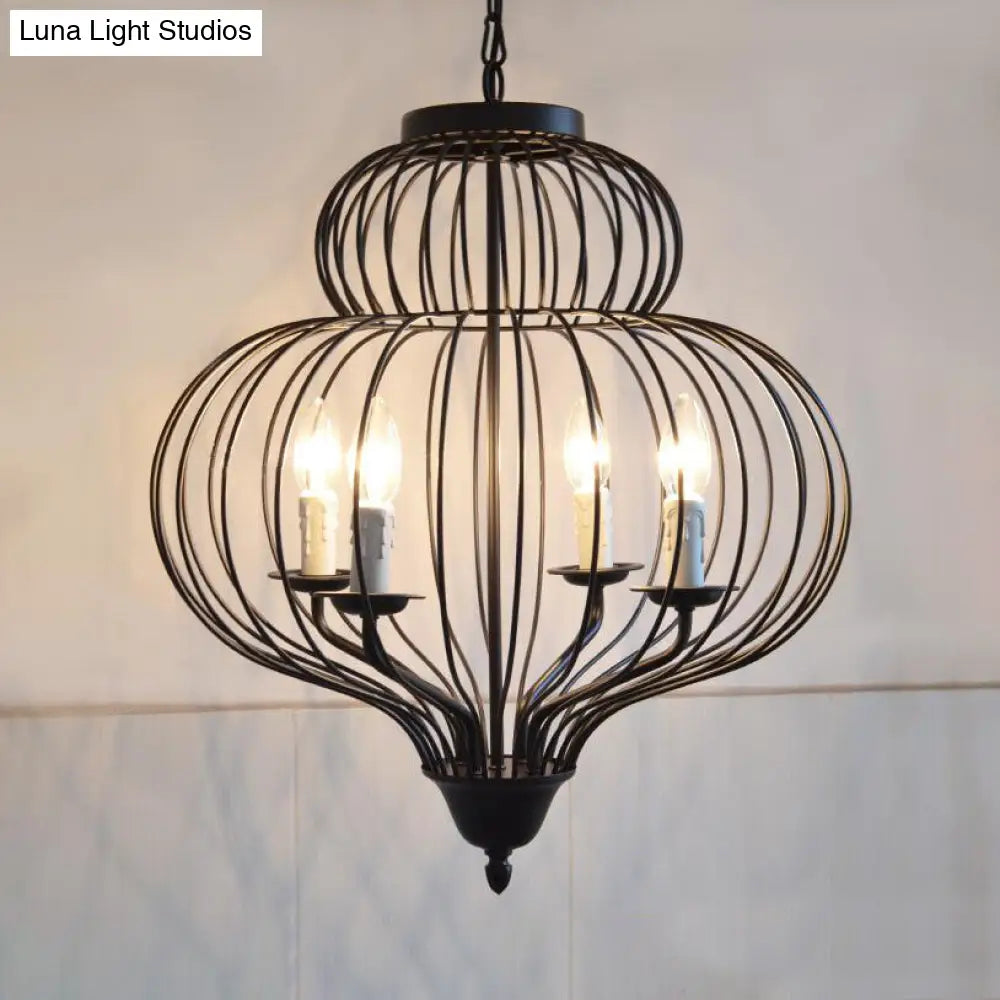 Vintage Style Metal Black Ceiling Light: Large Pendant Lighting with Gourd Cage Shade, 4 Lights & Candle