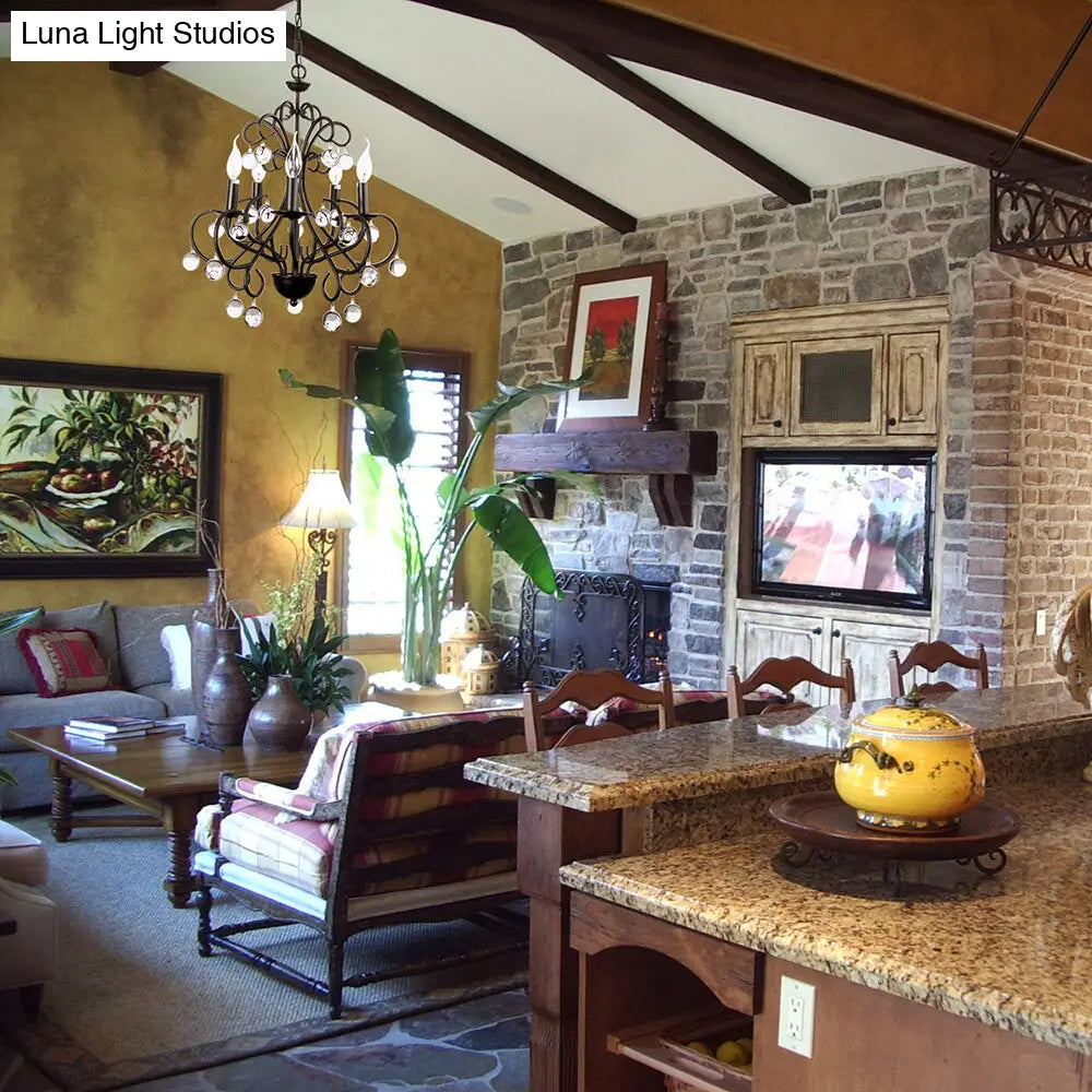 Vintage Style Metal Chandelier Lamp - Elegant 5-Light Suspension Light with Clear Crystal Ball - Black Finish for Dining Room