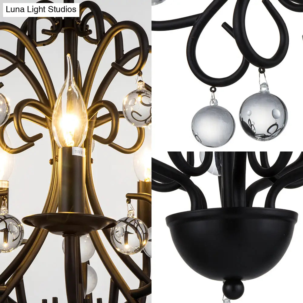 Vintage Style Metal Chandelier Lamp - Elegant 5-Light Suspension Light with Clear Crystal Ball - Black Finish for Dining Room