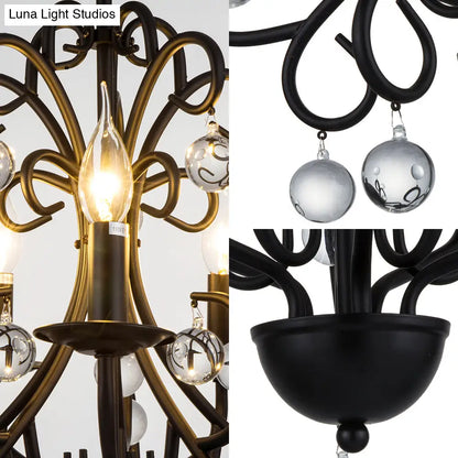 Vintage Style Metal Chandelier Lamp - Elegant 5-Light Suspension Light with Clear Crystal Ball - Black Finish for Dining Room