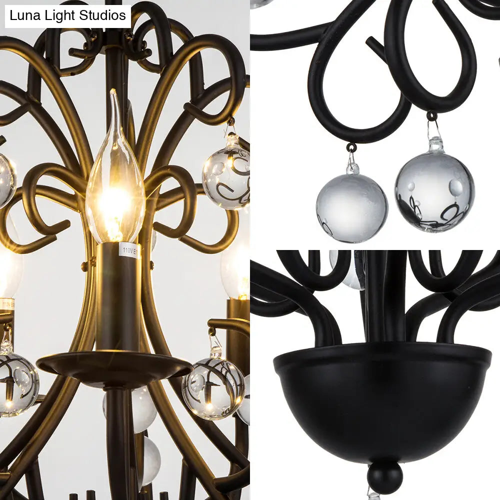 Vintage Style Metal Chandelier Lamp - Elegant 5-Light Suspension Light with Clear Crystal Ball - Black Finish for Dining Room