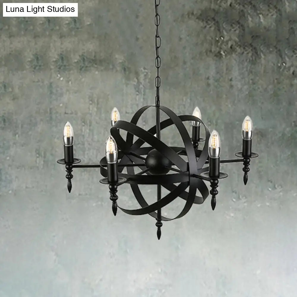 Vintage Style Metal Pendant Light with Candle Design - Orbit Cage Indoor Chandelier (6/8 Lights) in Black/Rust