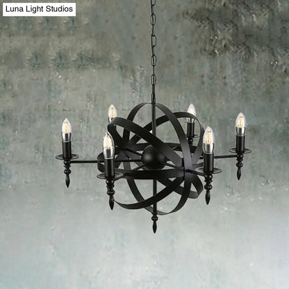 Vintage Style Metal Pendant Light with Candle Design - Orbit Cage Indoor Chandelier (6/8 Lights) in Black/Rust