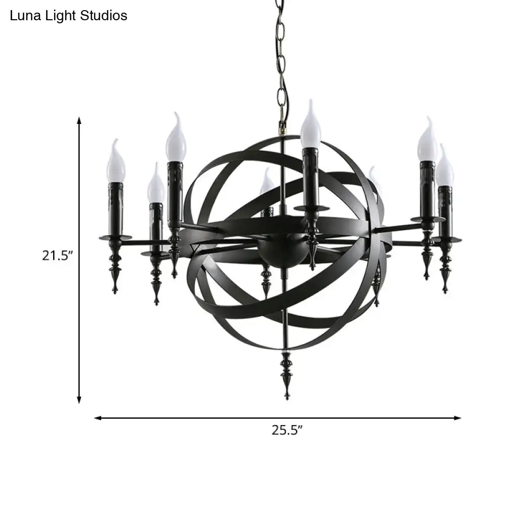 Vintage Style Metal Pendant Light with Candle Design - Orbit Cage Indoor Chandelier (6/8 Lights) in Black/Rust