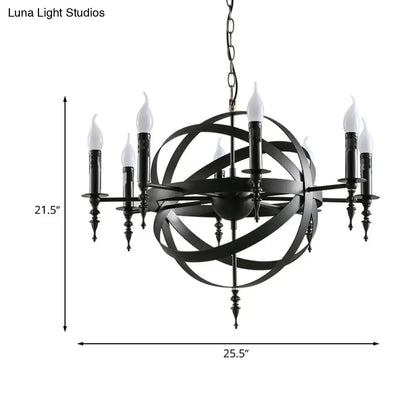 Vintage Style Metal Pendant Light with Candle Design - Orbit Cage Indoor Chandelier (6/8 Lights) in Black/Rust