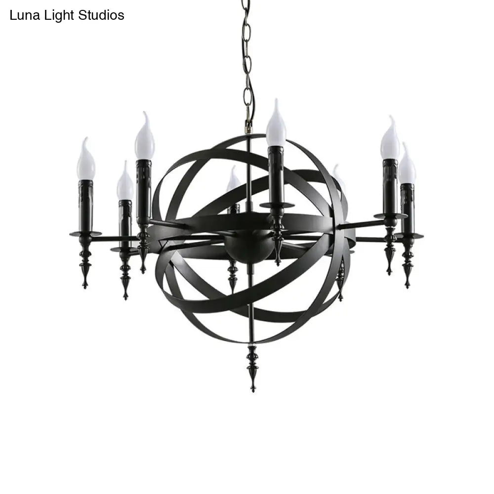 Vintage Style Metal Pendant Light with Candle Design - Orbit Cage Indoor Chandelier (6/8 Lights) in Black/Rust