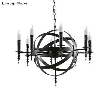 Vintage Style Metal Pendant Light with Candle Design - Orbit Cage Indoor Chandelier (6/8 Lights) in Black/Rust