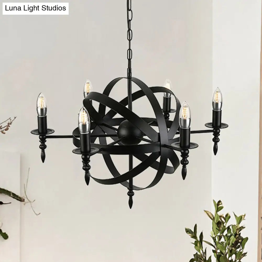 Vintage Style Metal Pendant Light with Candle Design - Orbit Cage Indoor Chandelier (6/8 Lights) in Black/Rust
