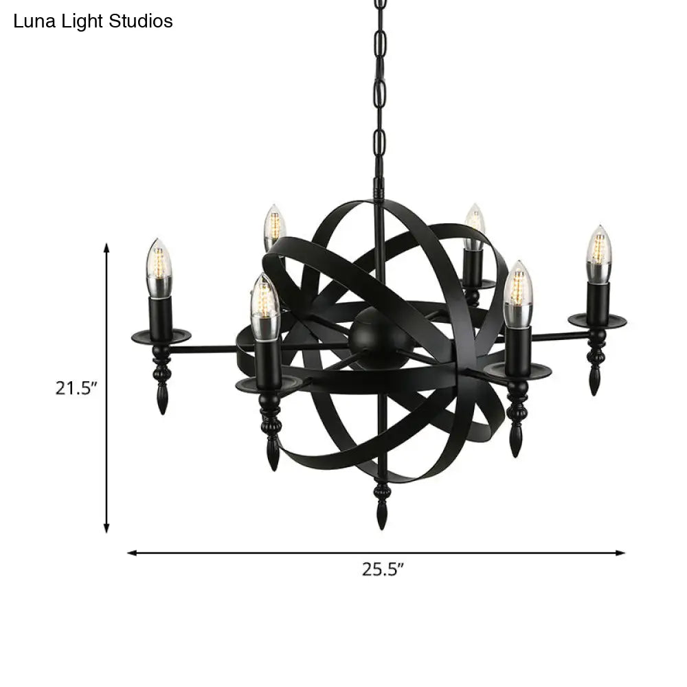 Vintage Style Metal Pendant Light with Candle Design - Orbit Cage Indoor Chandelier (6/8 Lights) in Black/Rust
