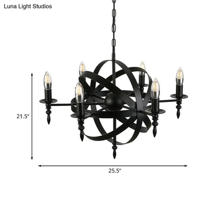 Vintage Style Metal Pendant Light with Candle Design - Orbit Cage Indoor Chandelier (6/8 Lights) in Black/Rust
