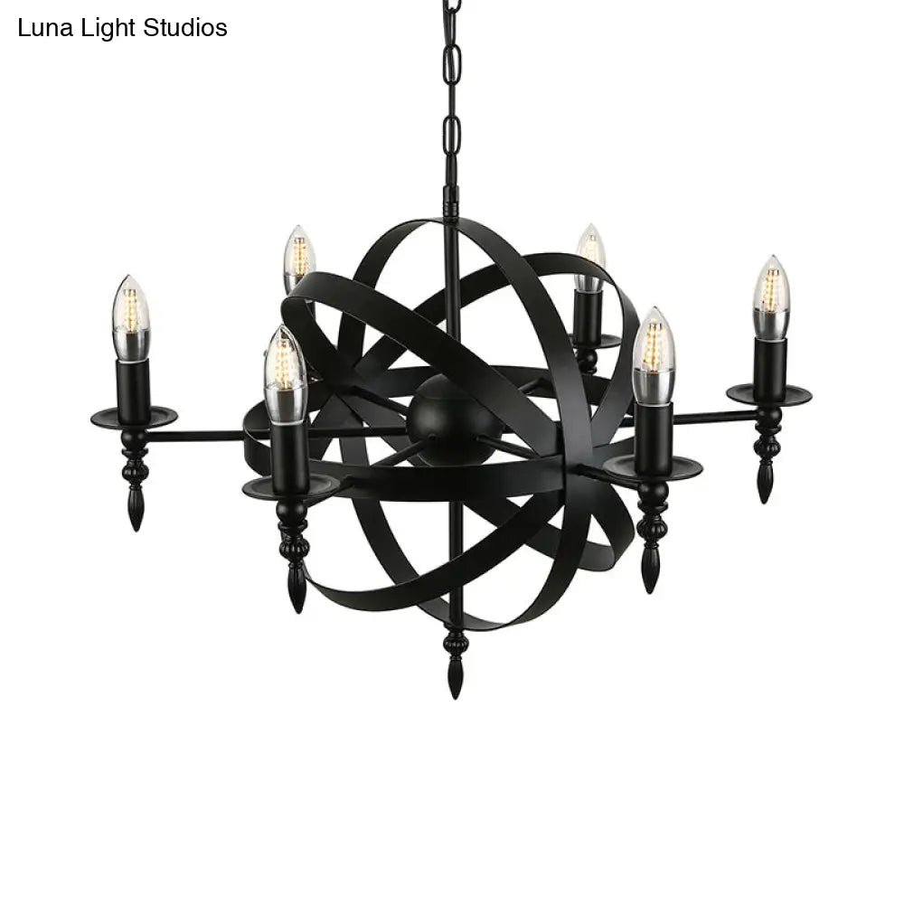Vintage Style Metal Pendant Light with Candle Design - Orbit Cage Indoor Chandelier (6/8 Lights) in Black/Rust