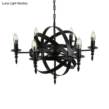Vintage Style Metal Pendant Light with Candle Design - Orbit Cage Indoor Chandelier (6/8 Lights) in Black/Rust
