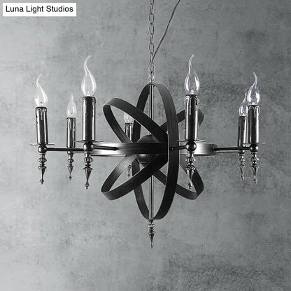 Vintage Style Metal Pendant Light with Candle Design - Orbit Cage Indoor Chandelier (6/8 Lights) in Black/Rust