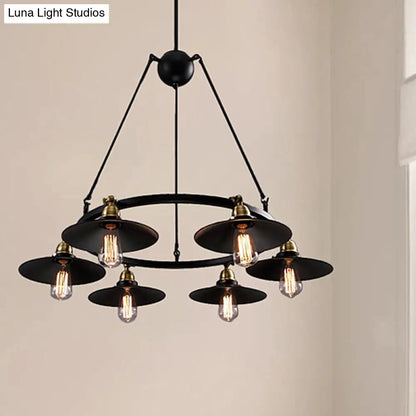 Vintage Style Metal Ring Chandelier with Flared Shade - 3/6 Lights - Dining Table Pendant Lighting in Black