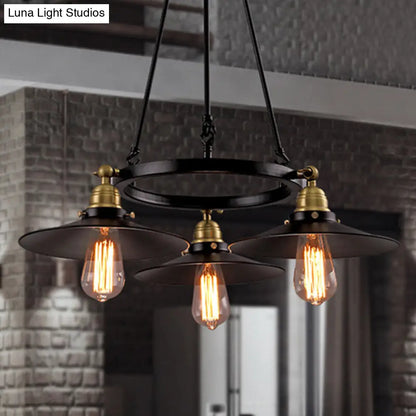 Vintage Style Metal Ring Chandelier with Flared Shade - 3/6 Lights - Dining Table Pendant Lighting in Black
