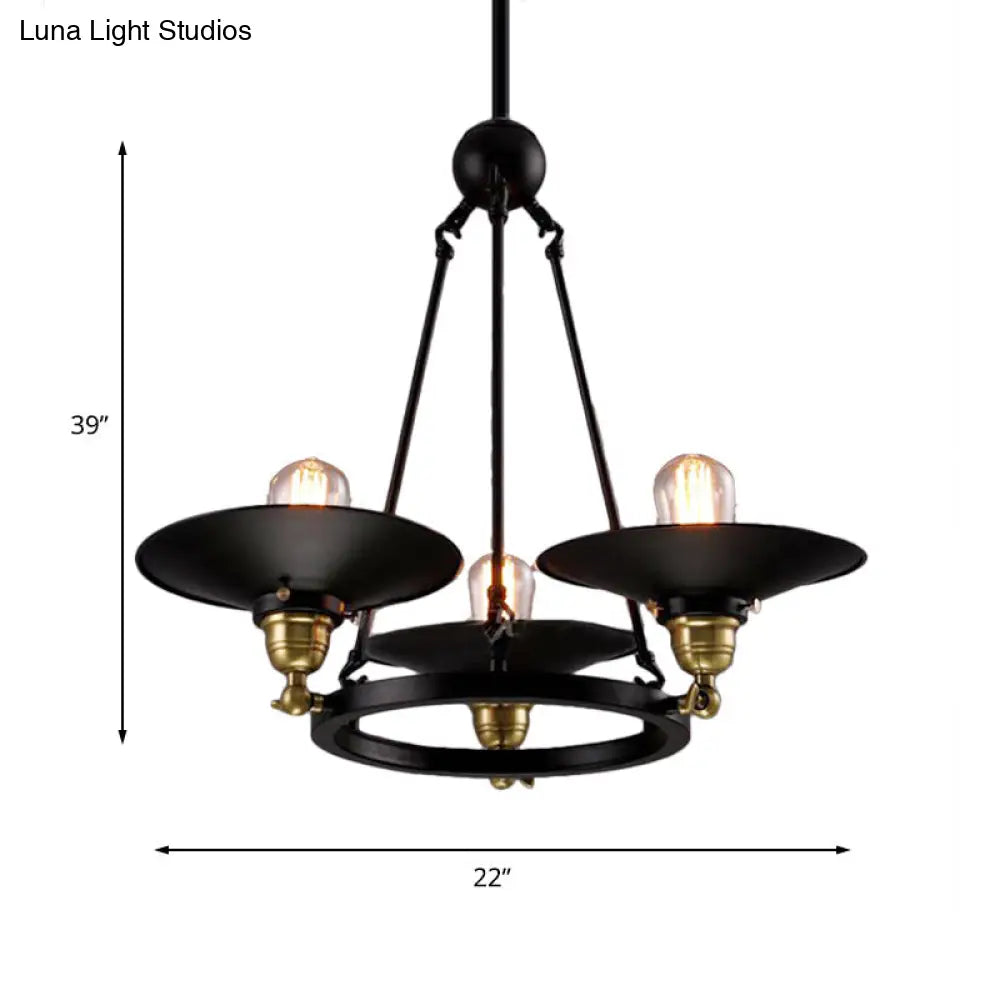 Vintage Style Metal Ring Chandelier with Flared Shade - 3/6 Lights - Dining Table Pendant Lighting in Black