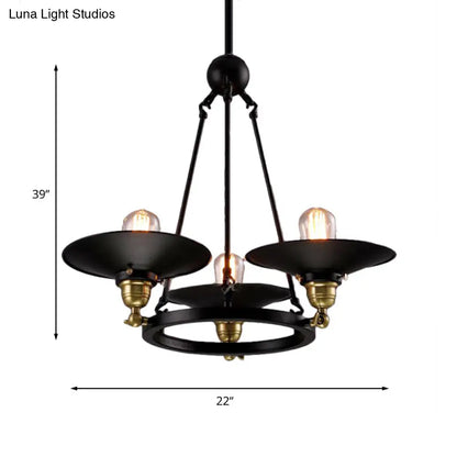 Vintage Style Metal Ring Chandelier with Flared Shade - 3/6 Lights - Dining Table Pendant Lighting in Black