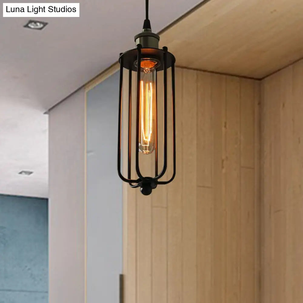 Vintage Style Metallic Matte Black Pendant Lamp with Cage Shade - 1 Light Hanging Fixture