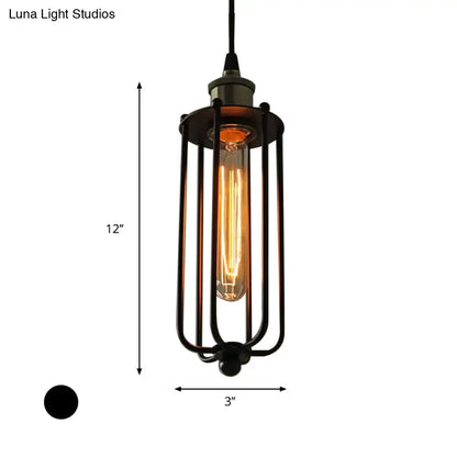 Vintage Style Metallic Matte Black Pendant Lamp with Cage Shade - 1 Light Hanging Fixture