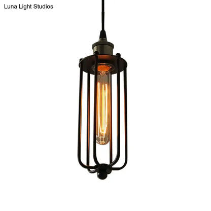 Vintage Style Metallic Matte Black Pendant Lamp with Cage Shade - 1 Light Hanging Fixture