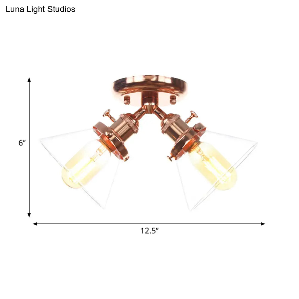 Vintage Style Restaurant Ceiling Light Fixture- 2 Heads, Black/Bronze Semi Flush Mount- Amber/Clear Conic Glass Shade