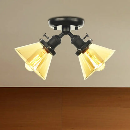 Vintage Style Restaurant Ceiling Light Fixture- 2 Heads, Black/Bronze Semi Flush Mount- Amber/Clear Conic Glass Shade