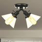 Vintage Style Restaurant Ceiling Light Fixture- 2 Heads, Black/Bronze Semi Flush Mount- Amber/Clear Conic Glass Shade