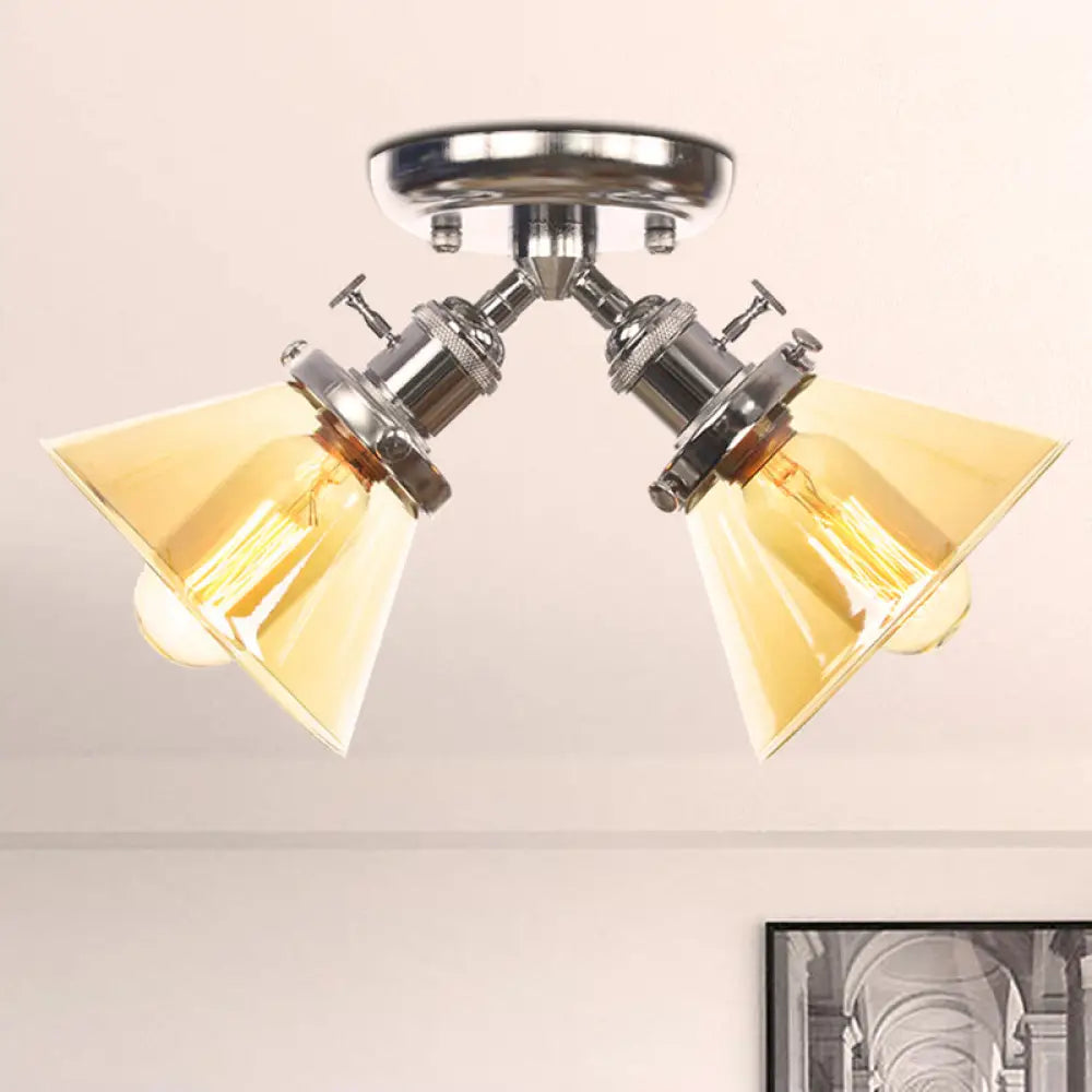 Vintage Style Restaurant Ceiling Light Fixture- 2 Heads, Black/Bronze Semi Flush Mount- Amber/Clear Conic Glass Shade