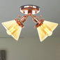 Vintage Style Restaurant Ceiling Light Fixture- 2 Heads, Black/Bronze Semi Flush Mount- Amber/Clear Conic Glass Shade