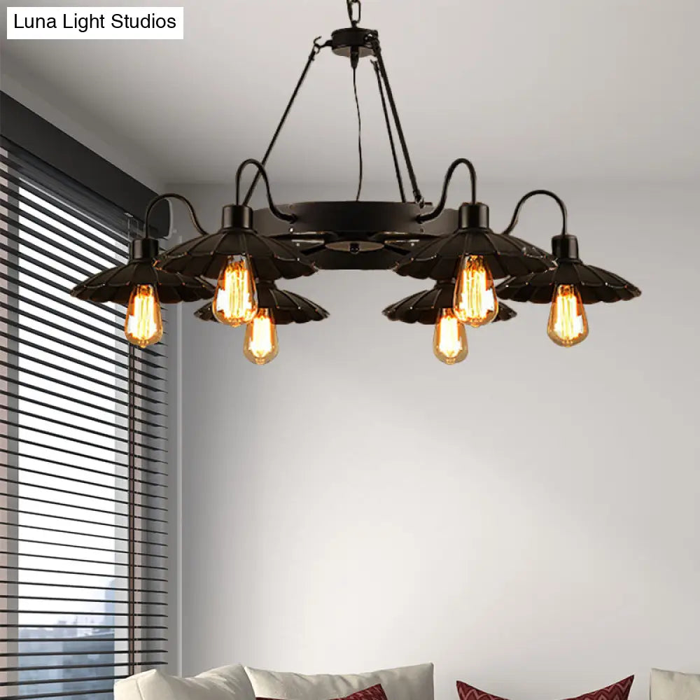 Vintage Style Restaurant Chandelier - 6 Head Down/Up Light with Scalloped Shade in Black