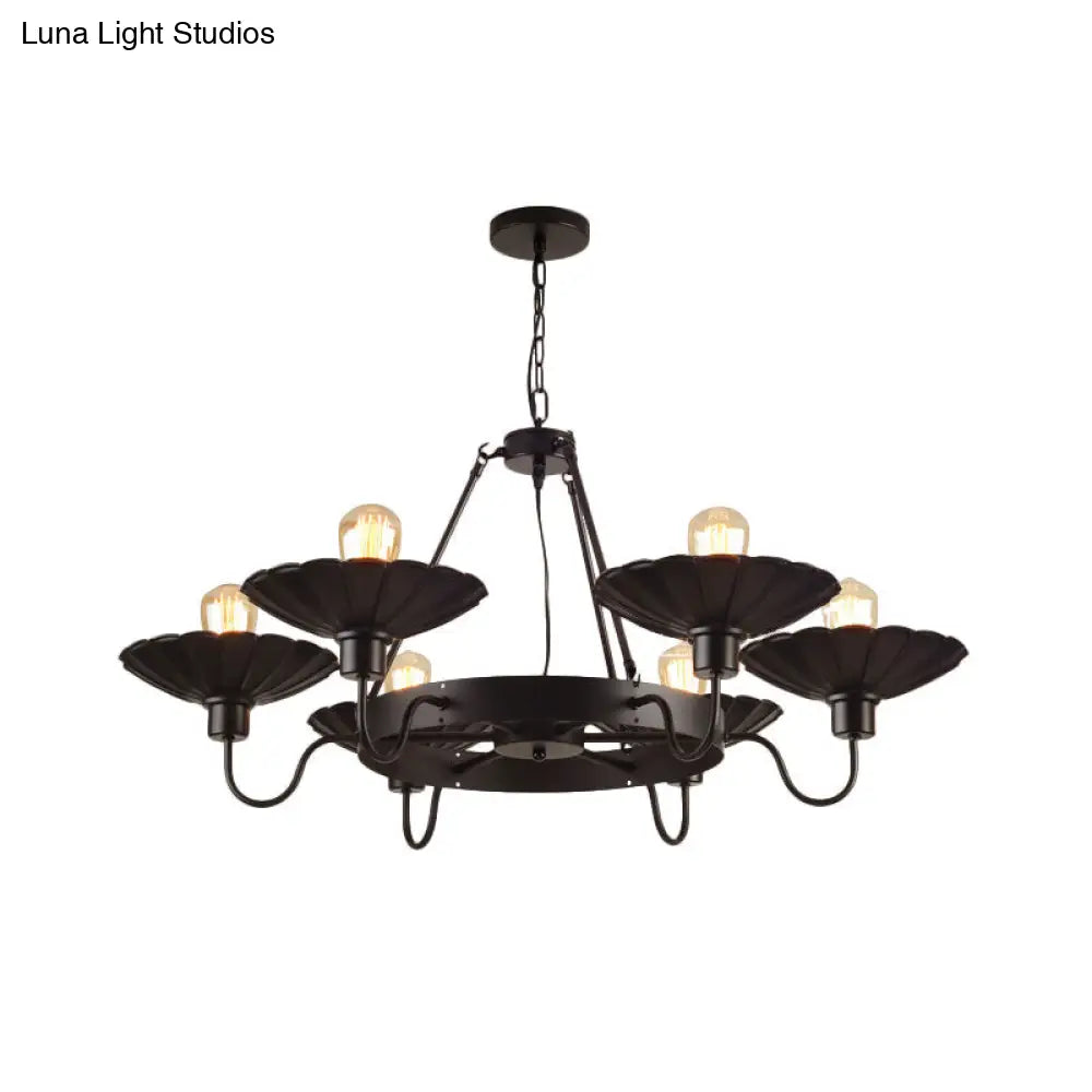 Vintage Style Restaurant Chandelier - 6 Head Down/Up Light with Scalloped Shade in Black