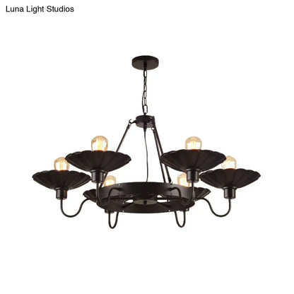 Vintage Style Restaurant Chandelier - 6 Head Down/Up Light with Scalloped Shade in Black