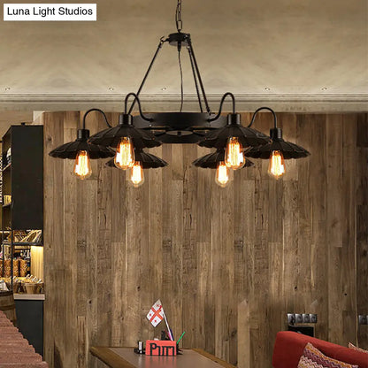 Vintage Style Restaurant Chandelier - 6 Head Down/Up Light with Scalloped Shade in Black