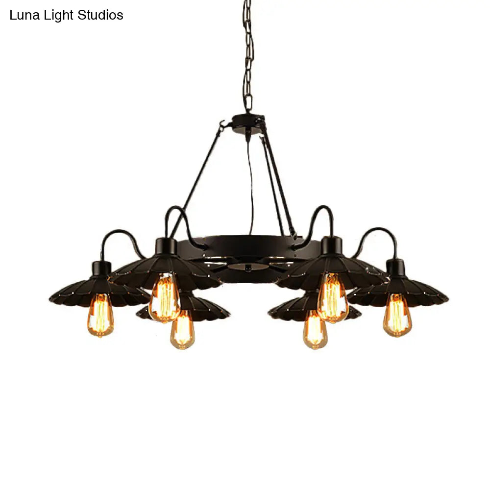 Vintage Style Restaurant Chandelier - 6 Head Down/Up Light with Scalloped Shade in Black
