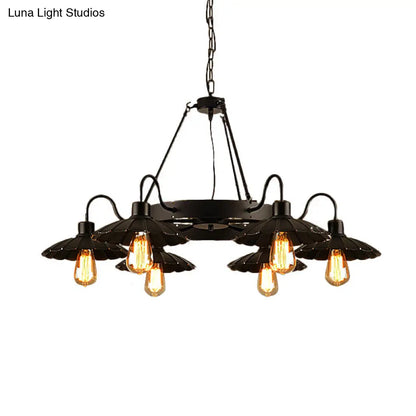 Vintage Style Restaurant Chandelier - 6 Head Down/Up Light with Scalloped Shade in Black