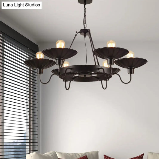 Vintage Style Restaurant Chandelier - 6 Head Down/Up Light with Scalloped Shade in Black