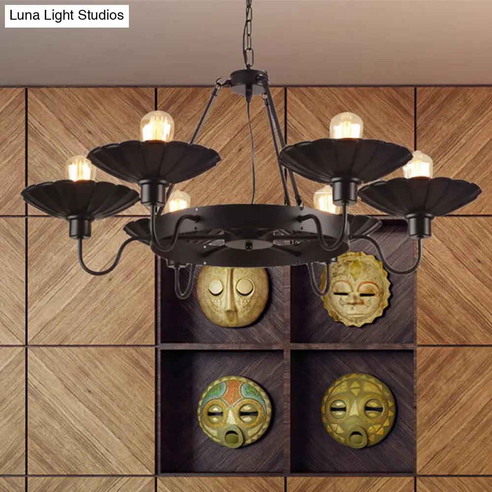 Vintage Style Restaurant Chandelier - 6 Head Down/Up Light with Scalloped Shade in Black