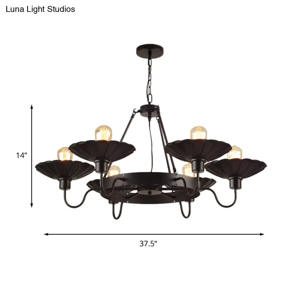 Vintage Style Restaurant Chandelier - 6 Head Down/Up Light with Scalloped Shade in Black