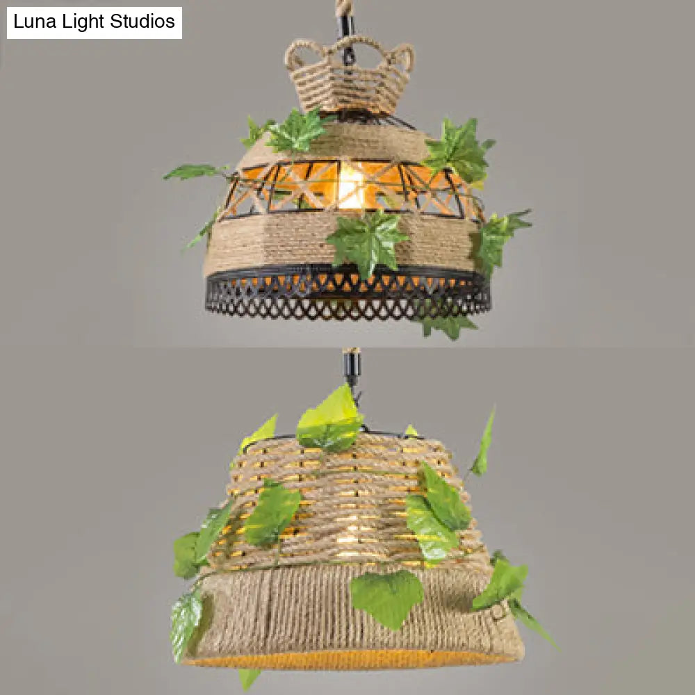 Vintage Style Rope Restaurant Hanging Light Fixture - Barrel/Dome Shape, 1 Head Beige Suspension Lamp