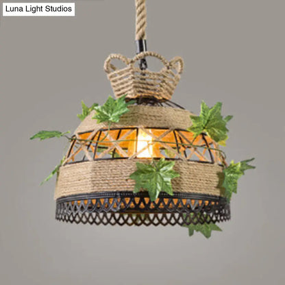 Vintage Style Rope Restaurant Hanging Light Fixture - Barrel/Dome Shape, 1 Head Beige Suspension Lamp