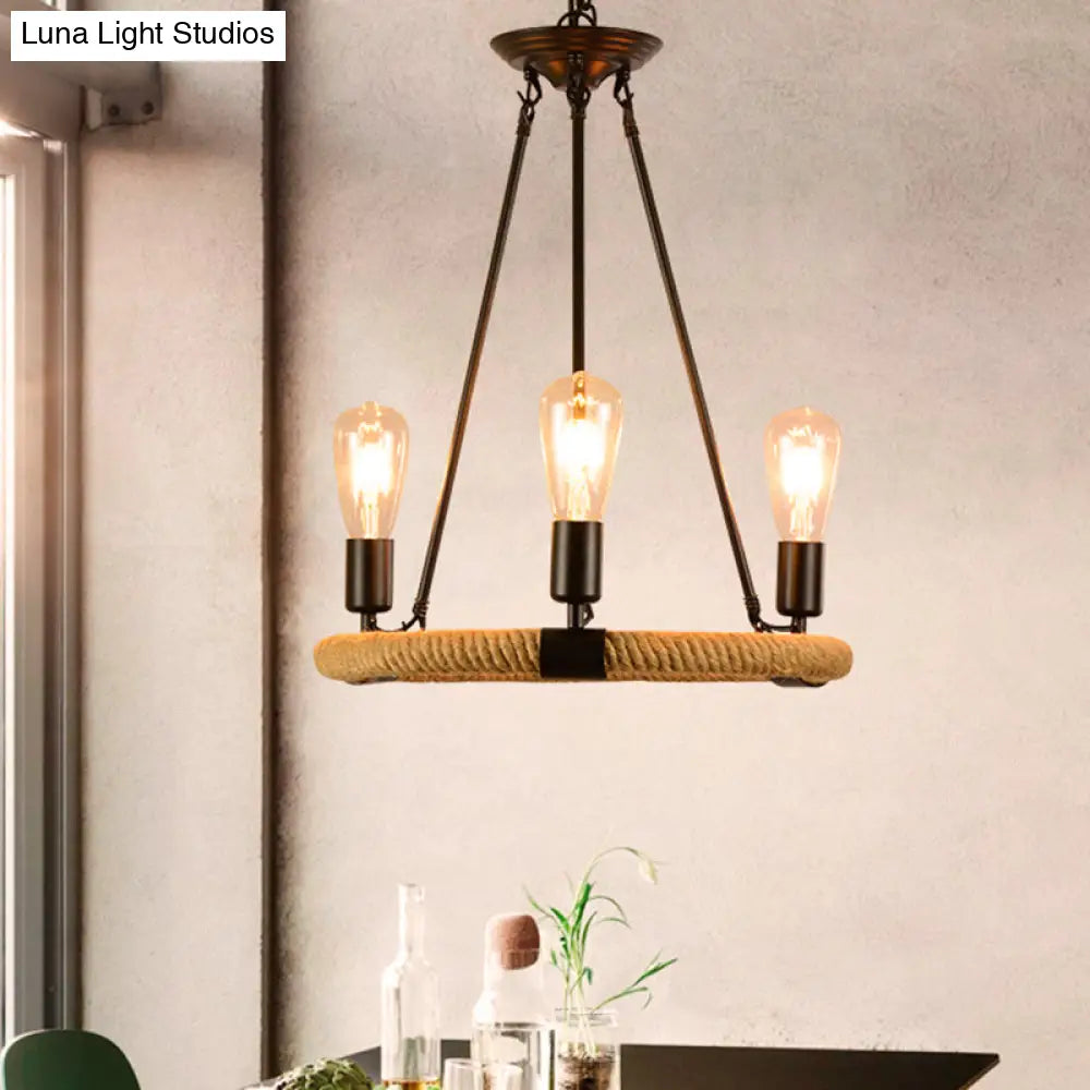 Vintage Style Roped Circular Chandelier Pendant Light - 3 Lights, Black Finish