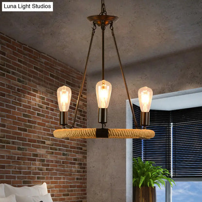 Vintage Style Roped Circular Chandelier Pendant Light - 3 Lights, Black Finish