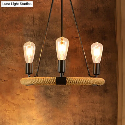 Vintage Style Roped Circular Chandelier Pendant Light - 3 Lights, Black Finish