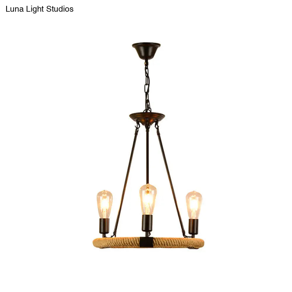 Vintage Style Roped Circular Chandelier Pendant Light - 3 Lights, Black Finish