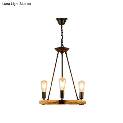 Vintage Style Roped Circular Chandelier Pendant Light - 3 Lights, Black Finish