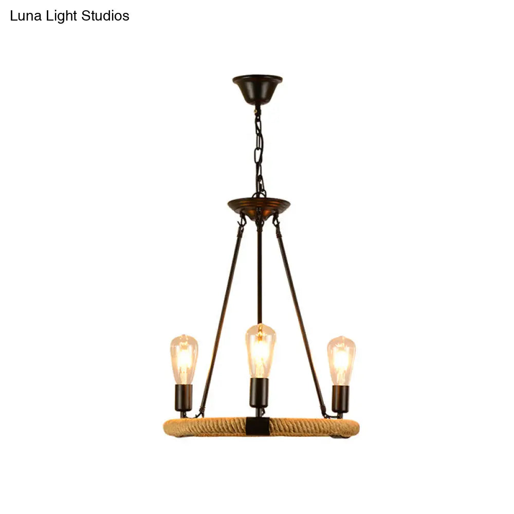 Vintage Style Roped Circular Chandelier Pendant Light - 3 Lights, Black Finish